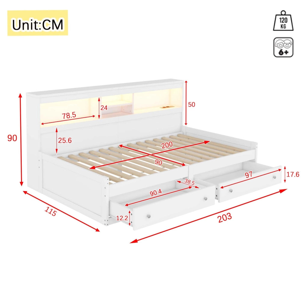 Letto da giorno 90x200 cm con LED, USB, prese e cassetti
