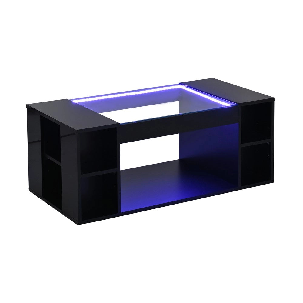 Tavolino da Caff¨¨ con Piano in Vetro Temperato e LED ¨C MINIMAL ¨C Nero, MDF, 100x50x40