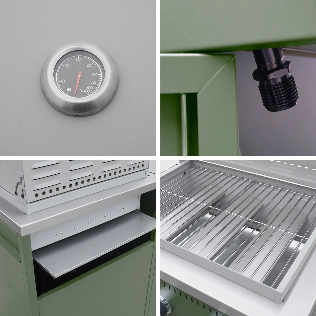 Barbecue a gas 3 bruciatori, 3 ante, 2 spazi di stoccaggio, verde