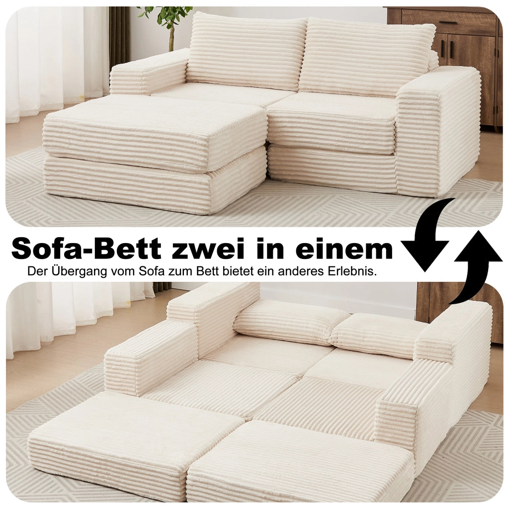 Divano letto modulare con pouf removibile e braccioli quadrati configurazione flessibile in velluto a coste beige