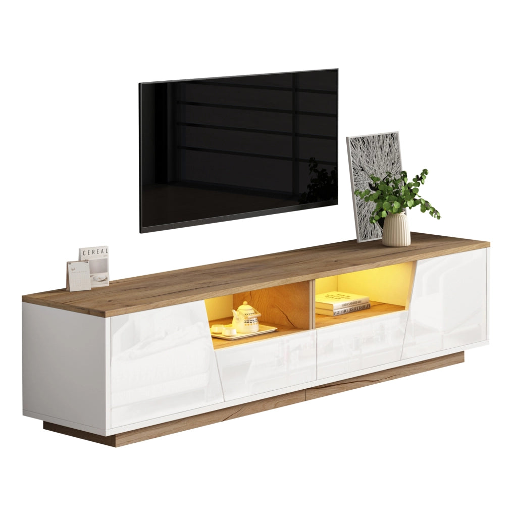TV stand 180x40x46 cm con 2 cassetti; 2 armadi e LED; bianco e effetto legno