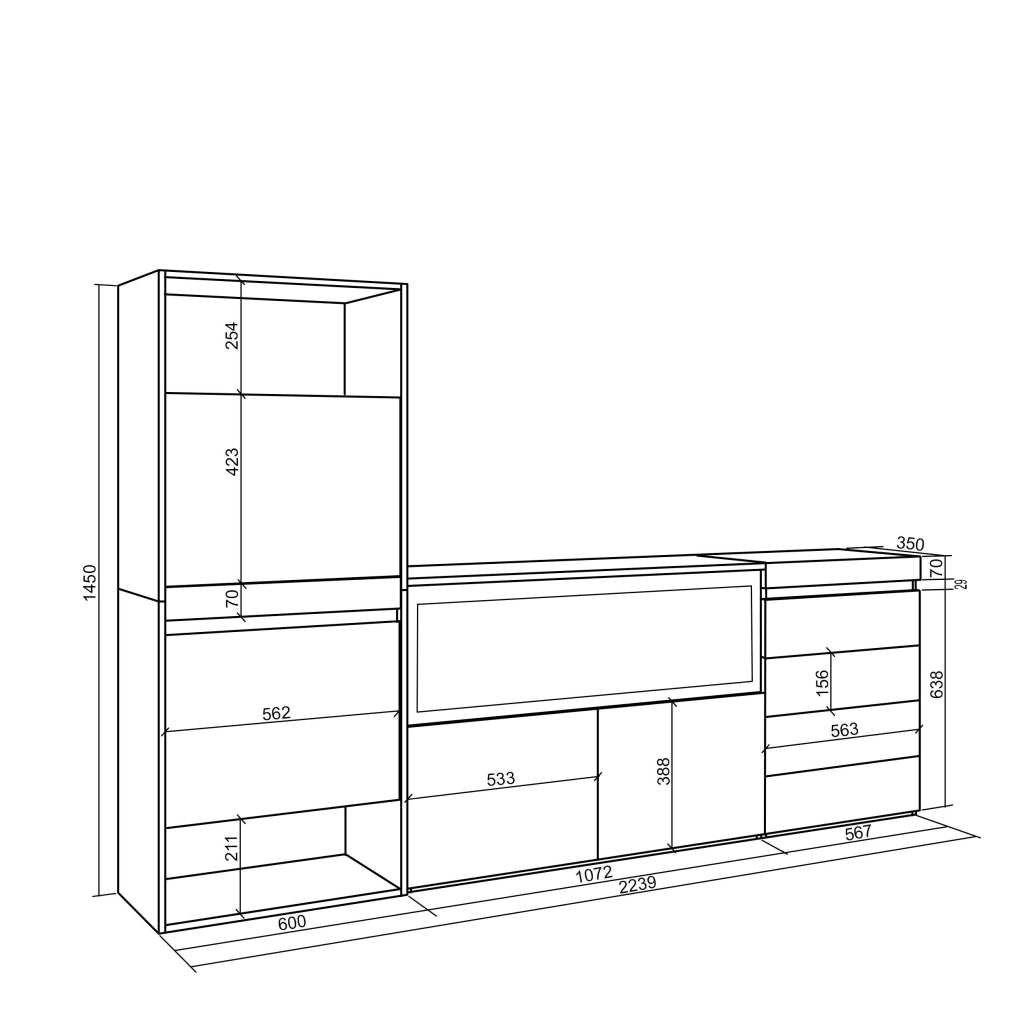 Scarpiera, 224x35x145cm, Camera da letto, Camino elettrico XXL, Cassettiera, Bianco RF3554