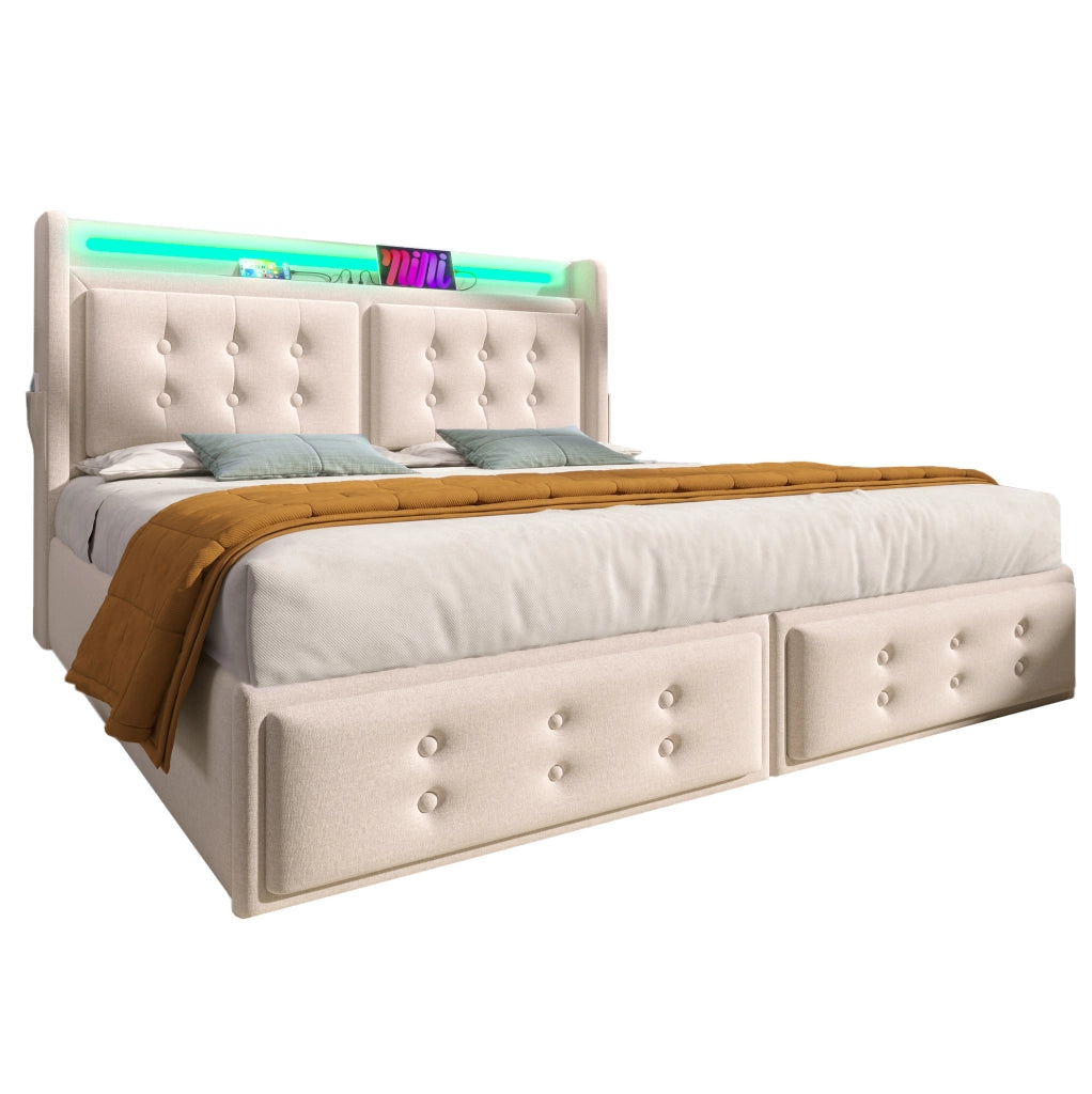 Letto matrimoniale 160x200 cm in cotone e lino con LED; USB-C e contenitore; beige