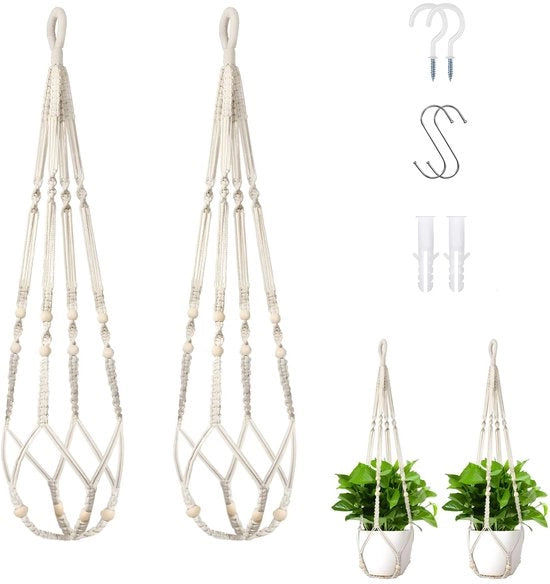 Sistema di appoggio per piante da 35 pollici in macramé, catena di appoggio in macramé con gancio per contenitori per piante da esterno e interno, bianco, 2 pezzi (contenitori e piante non inclusi)