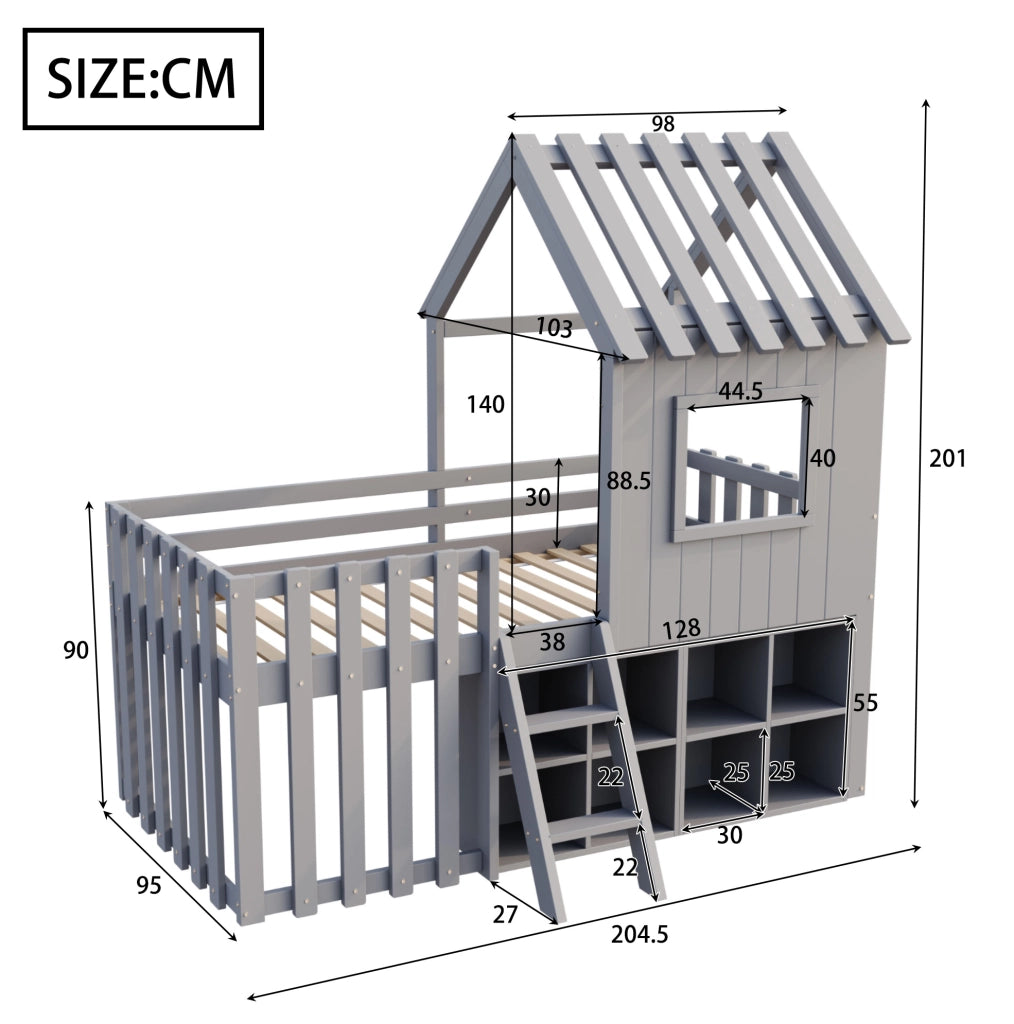 Letto a soppalco per bambini 90x200 cm a casetta con tetto e finestre; in legno grigio