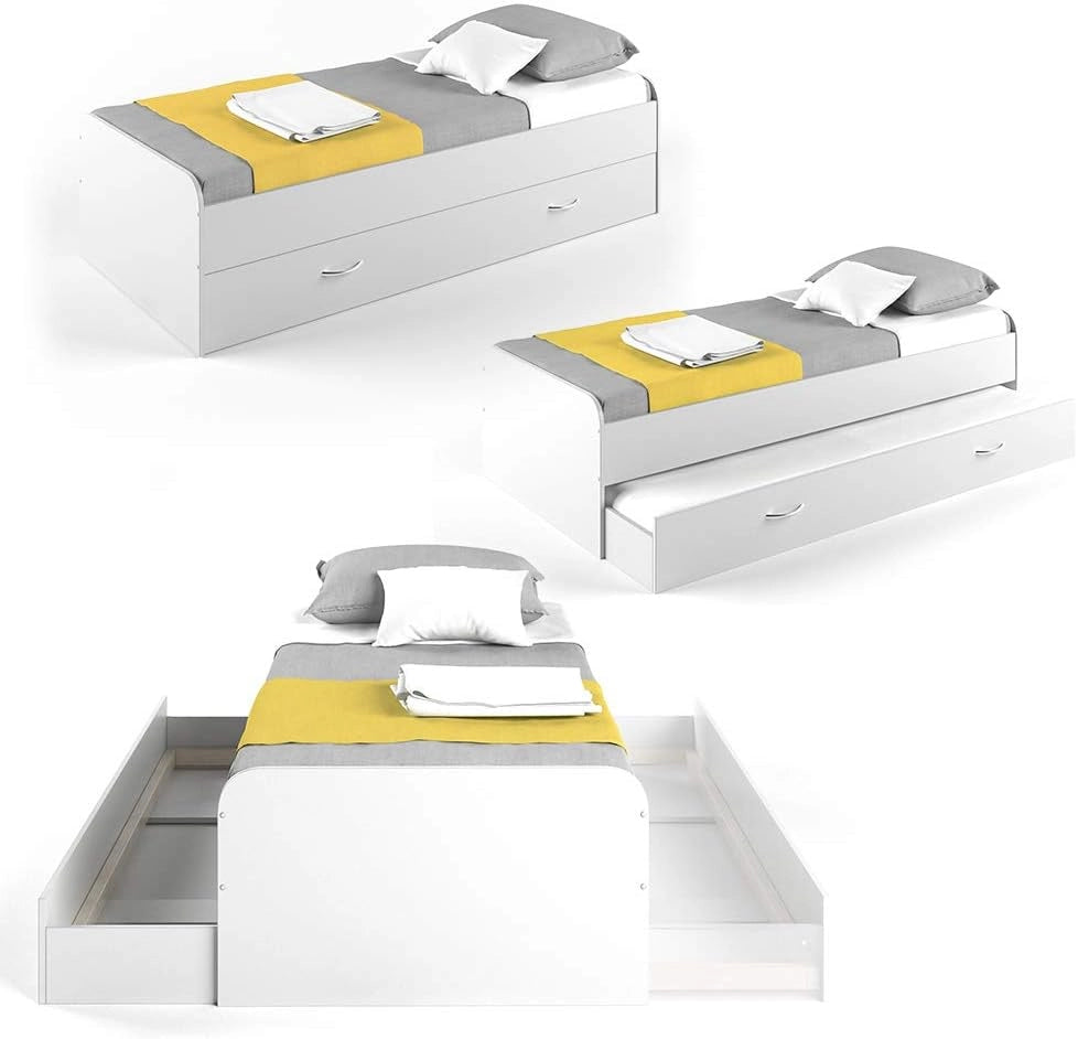 Letto per bambini Enzo, Bianco, 90x200 cm, estendibile su entrambi i lati come letto aggiuntivo per adolescenti