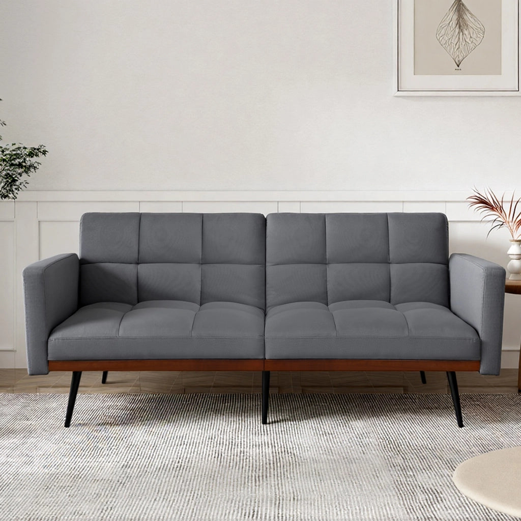 Divano Futon 3 Posti ¨C MINIMAL ¨C Grigio, Tessuto Lino, Schienale Regolabile, Gambe in Metallo, 146 cm