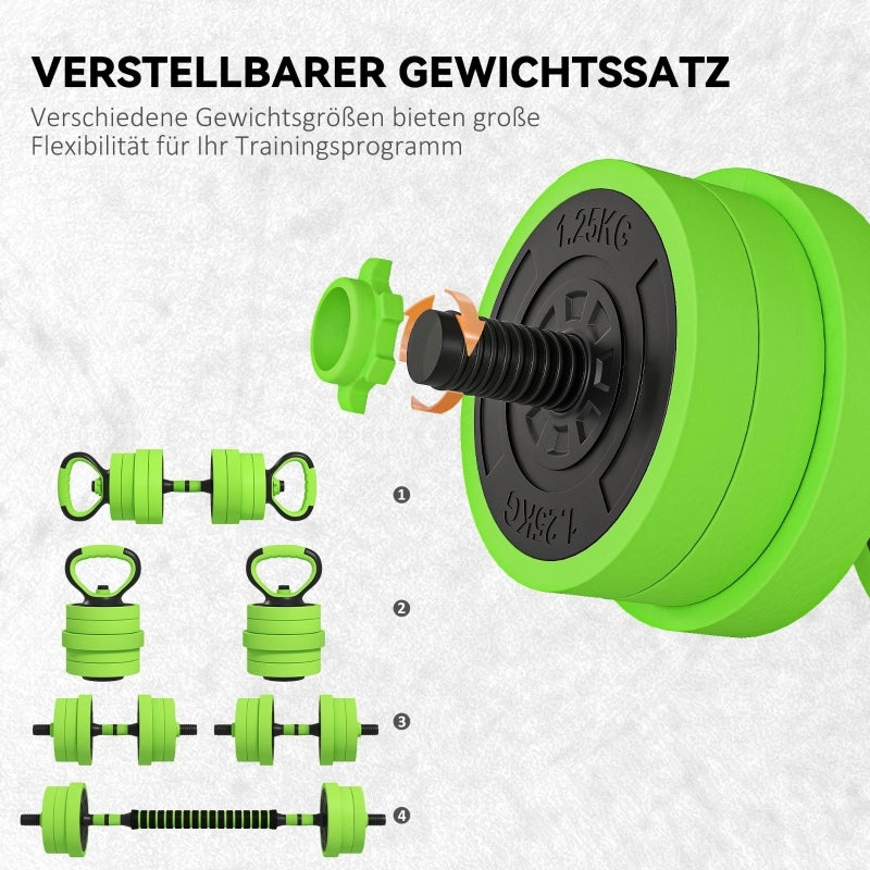 Set di manubri 4 in 1 da 20 kg con manubri regolabili, bilanciere, kettlebell e maniglie per flessioni, colore verde.