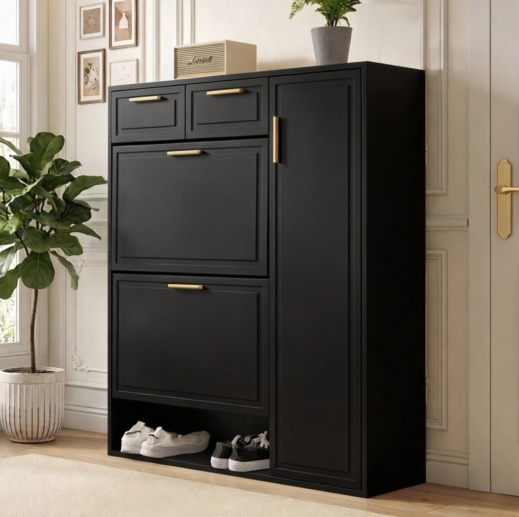 Scarpiera moderna con ripiani regolabili e 2 cassetti; 95 x 24 x 107 cm; nero