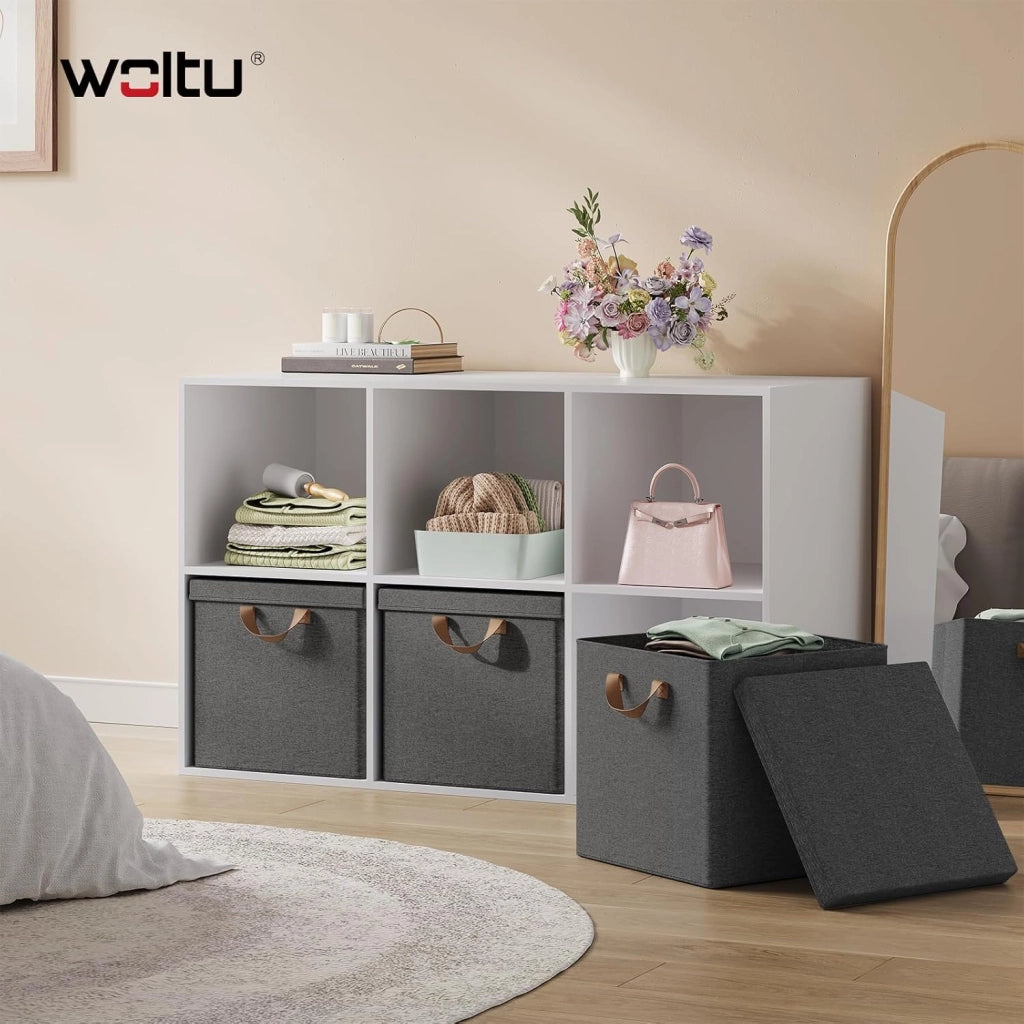 Scatole Contenitori Pieghevoli Set di 10, Cubi in Tessuto con Manico, Coperchio e Struttura in Metallo, Organizer per Armadio e Scaffale, Grigio, 33x33x31,5cm