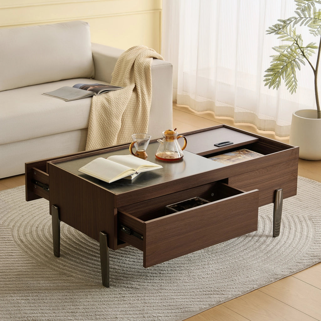 Tavolino da Caffè con 2 Cassetti; Piano Scorrevole e Piano in Vetro; Stile Industriale; in MDF; 105×50×41;5 cm; Marrone
