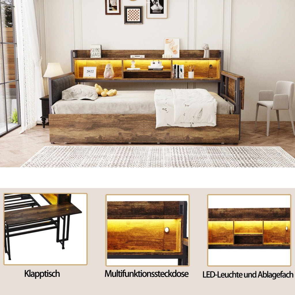 LETTO Singolo 90x200 cm con scrivania pieghevole LED e cassetti Bianco/Legno
