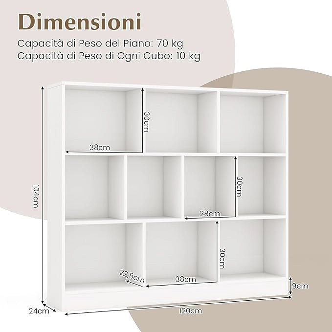 Libreria a 10 Cubi, Organizzatore di Stoccaggio a 3 Ripiani con 2 Kit Anti-Ribaltamento, Scaffale Multiuso in Legno per Soggiorno Camera da Letto Ufficio, 120x24x104 cm (Bianco)