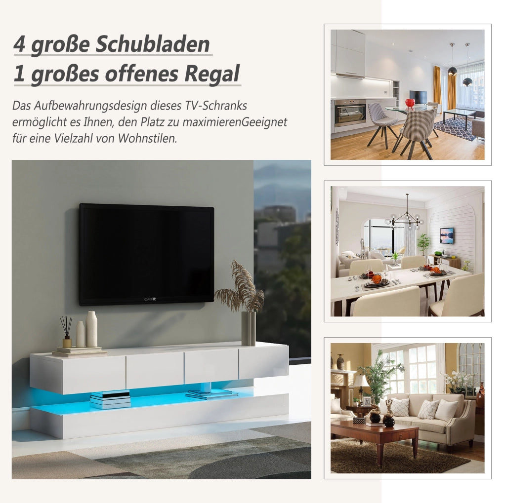 Mobile TV sospeso con LED controllabile da app, 4 cassetti, MDF bianco 130 cm
