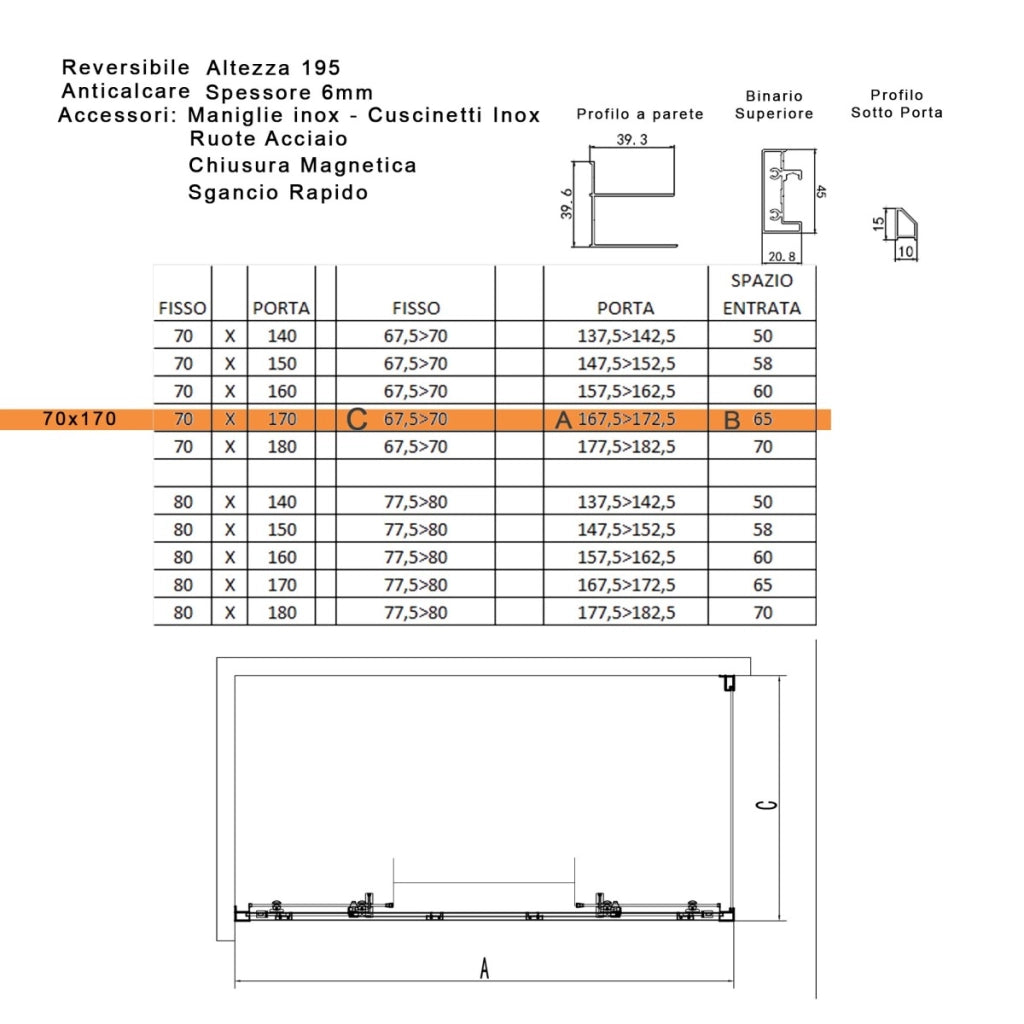 Box doccia tre lati scorrevole cristallo 6mm h195 lagoa-trio, misura 70x170x70