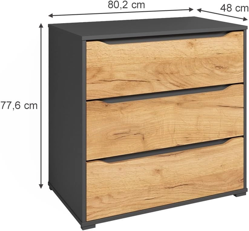Credenza Ruben, Quercia dorata, 48 x 77.6 cm con cassetti, per riporre abiti e oggetti di uso quotidiano