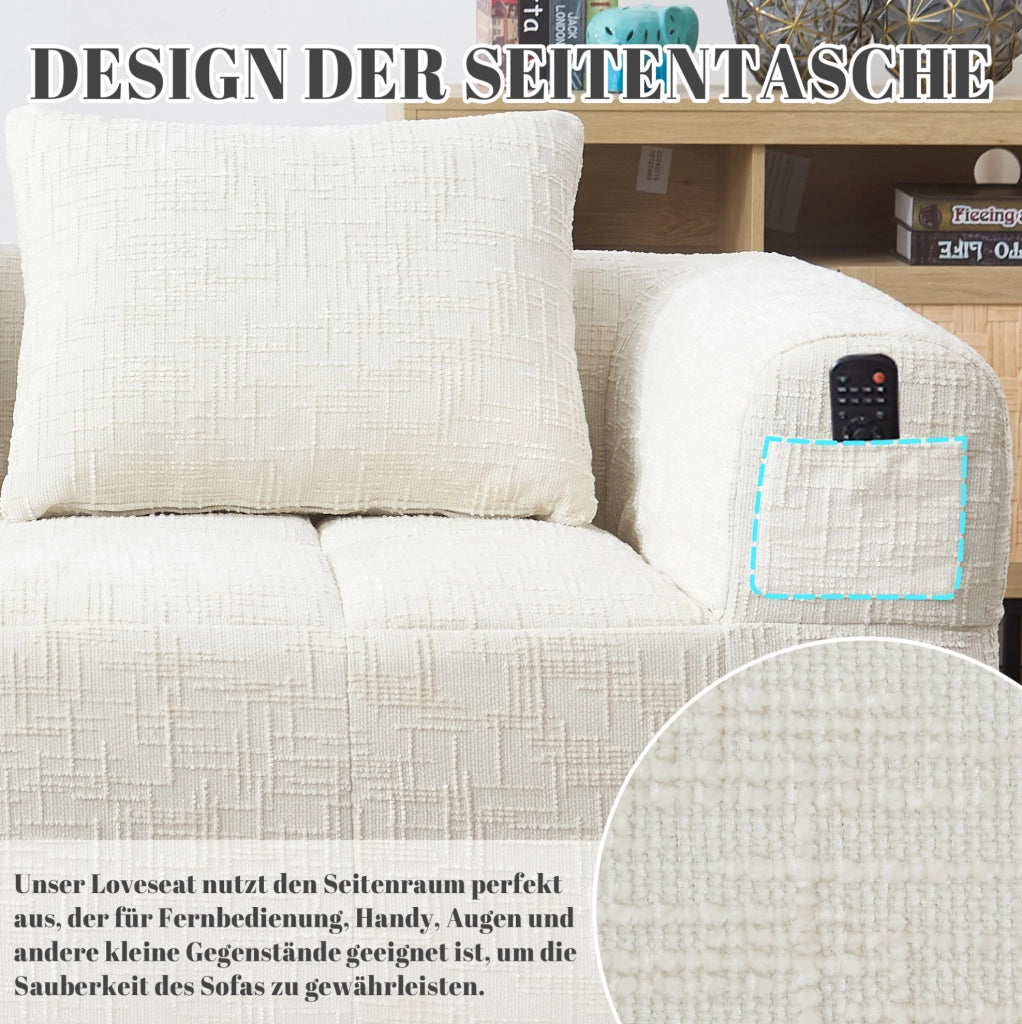 Divano chaise longue in ciniglia beige con tasche laterali e cuscino incluso