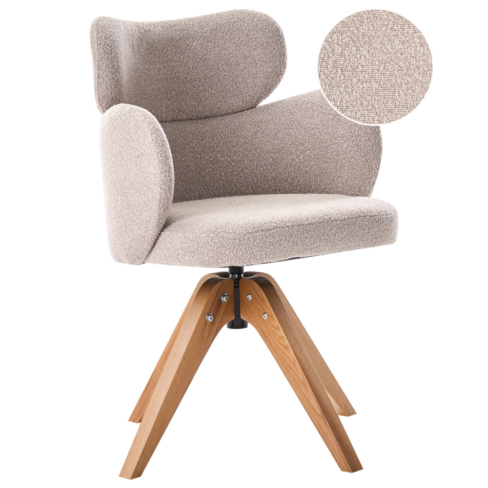 Sedia da pranzo girevole con schienale curvo in boucle beige stile scandinavo