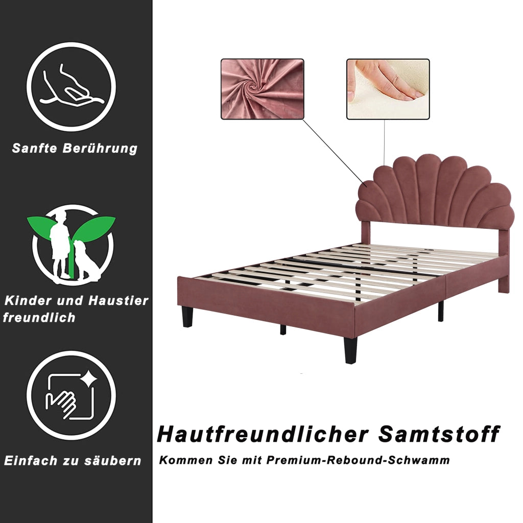 Letto Matrimoniale 140×200 cm; Letto Imbottito con Testiera Floreale; senza Materasso; Velluto Rosso