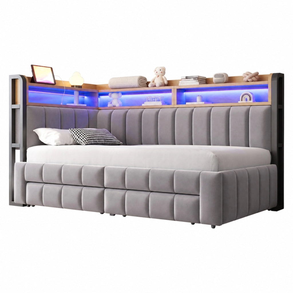 Letto Contenitore Letto Matrimoniale 90x200 cm - LED; USB; Type-C in Velluto Grigio Chiaro