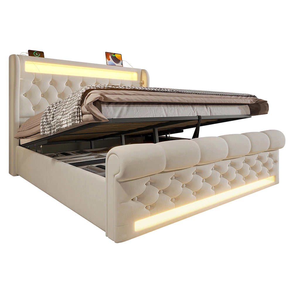 Letto matrimoniale-Xylo-140x200 cm-LED, USB-C, idraulico, velluto beige