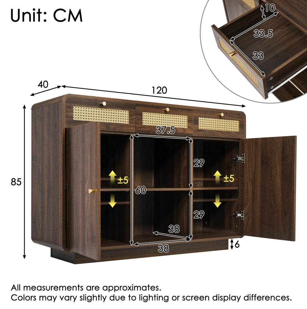 Credenza 120 cm noce con rattan, 3 cassetti e vani