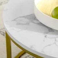 Set 2 Tavolini da Salotto Rotondi e Impilabili in Acciaio e Truciolato, Ø74x46.3 cm e Ø59x38.5 cm, Bianco e Oro