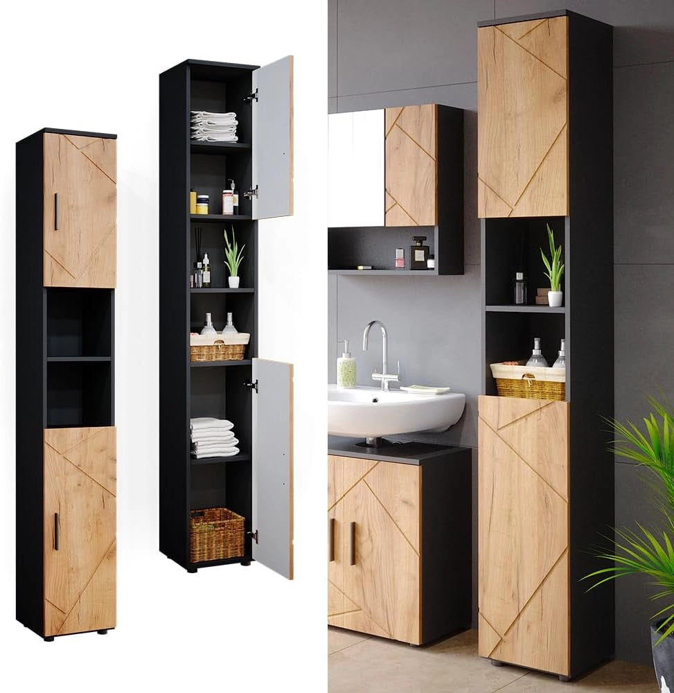 Mobile bagno alto Irma, Quercia dorata/antracite, 30 x 192 cm, per la conservazione di accessori da bagno e compatibile con la serie Irma