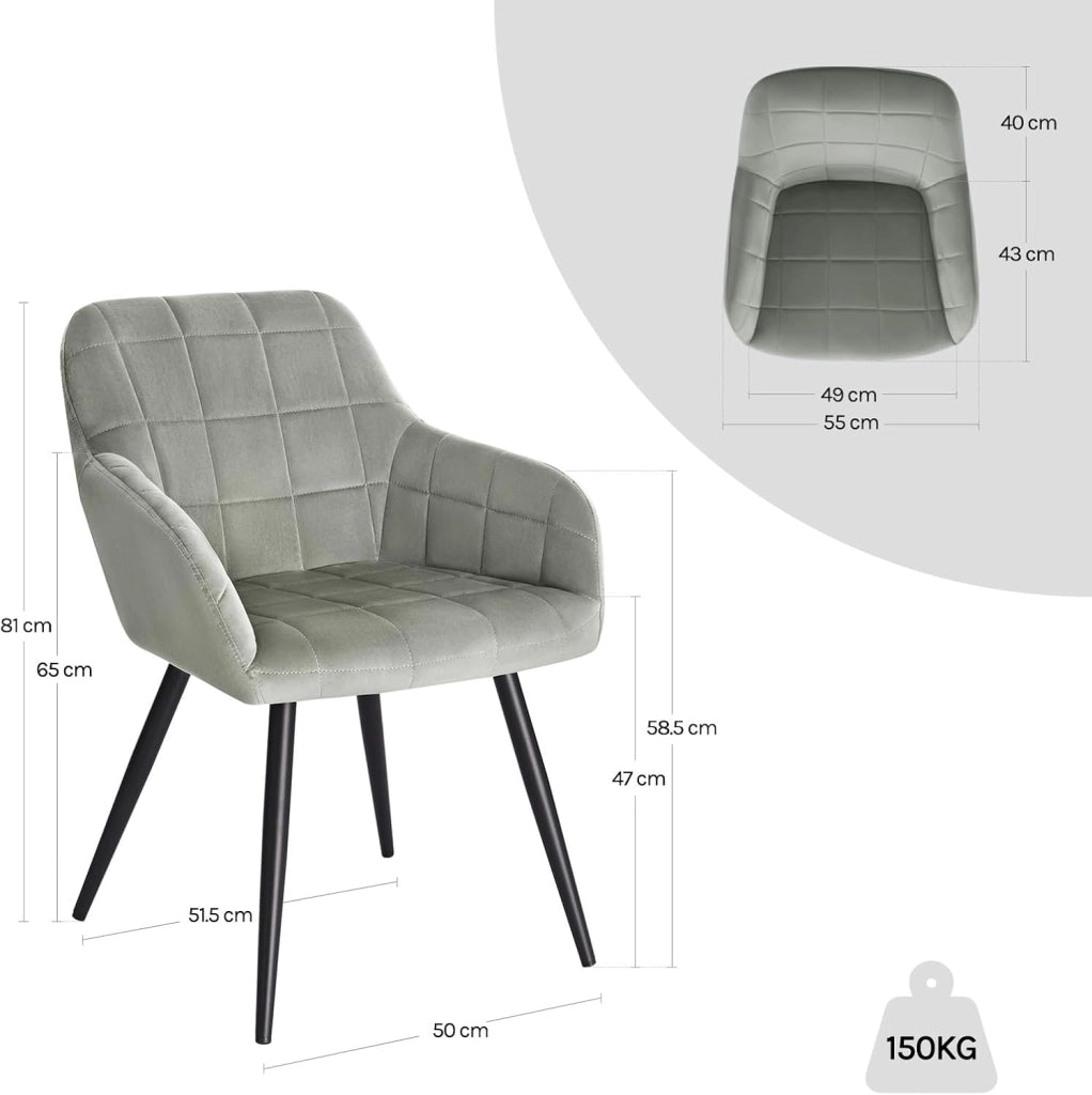 Sedia per Sala da Pranzo Imbottita, Poltroncina in Velluto,Sedia da Cucina con Braccioli e Schienale, Gambe in Metallo, moderne,Grigio, BH93gr-1