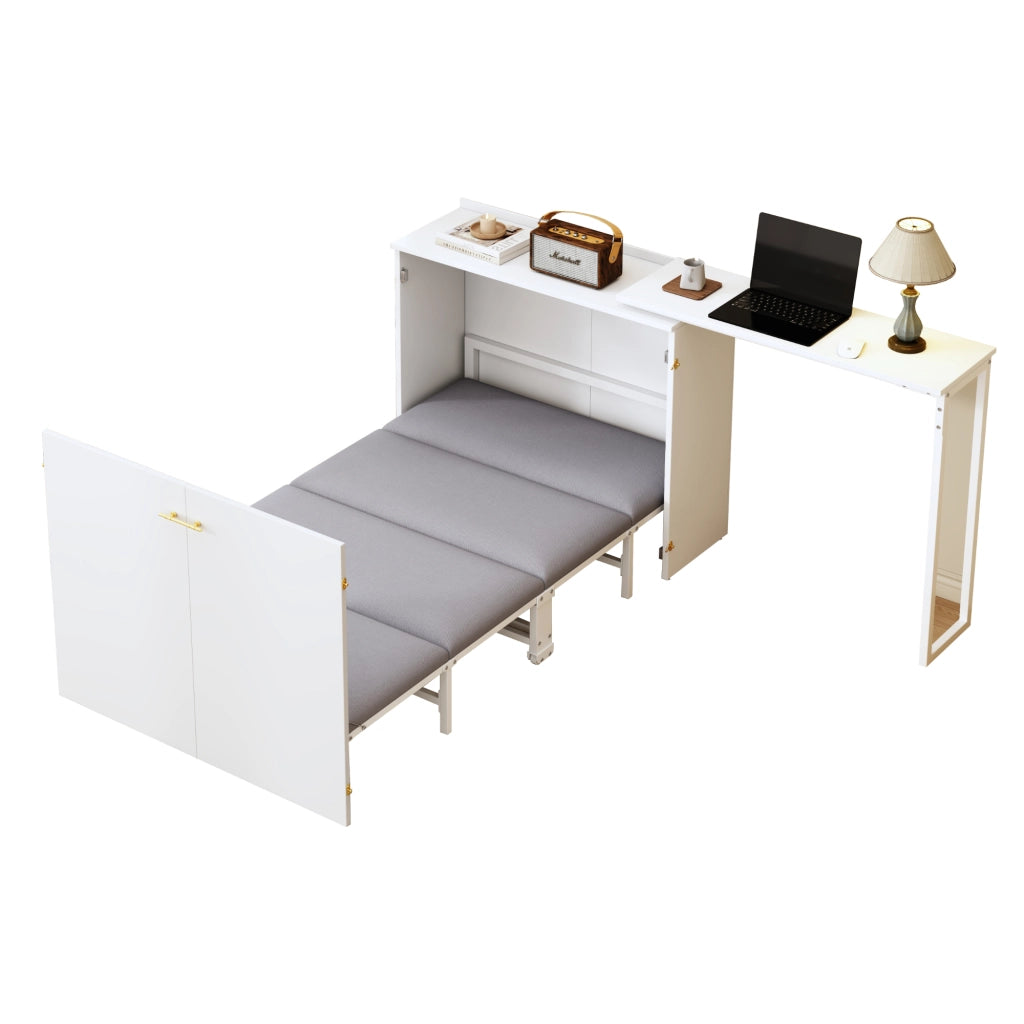 Letto pieghevole con scrivania; materasso girevole e ruote; risparmiante spazio; ideale per camere da letto piccole; ospiti e home office