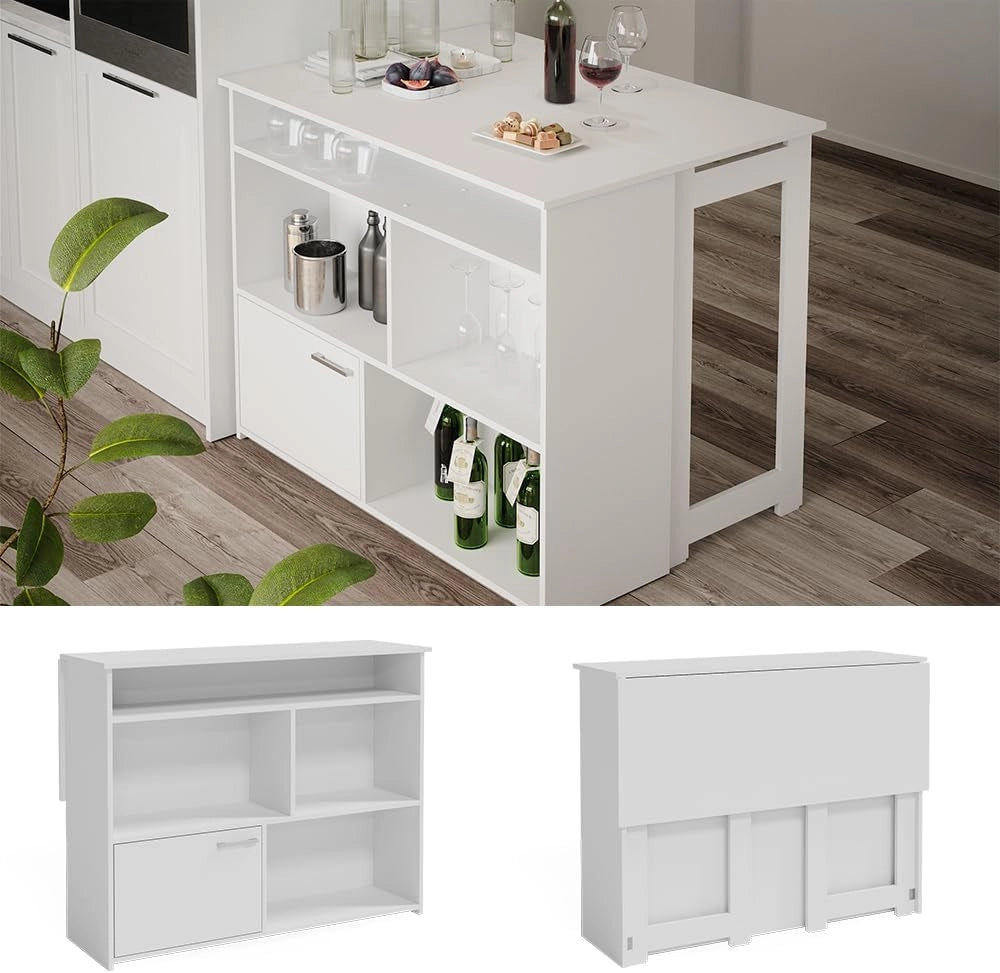 Tavolo bar alto Dominic, Bianco, 116 x 37 cm 4x scomparti aperti e 1x porta, piano del tavolo pieghevole per un utilizzo flessibile in spazi ridotti