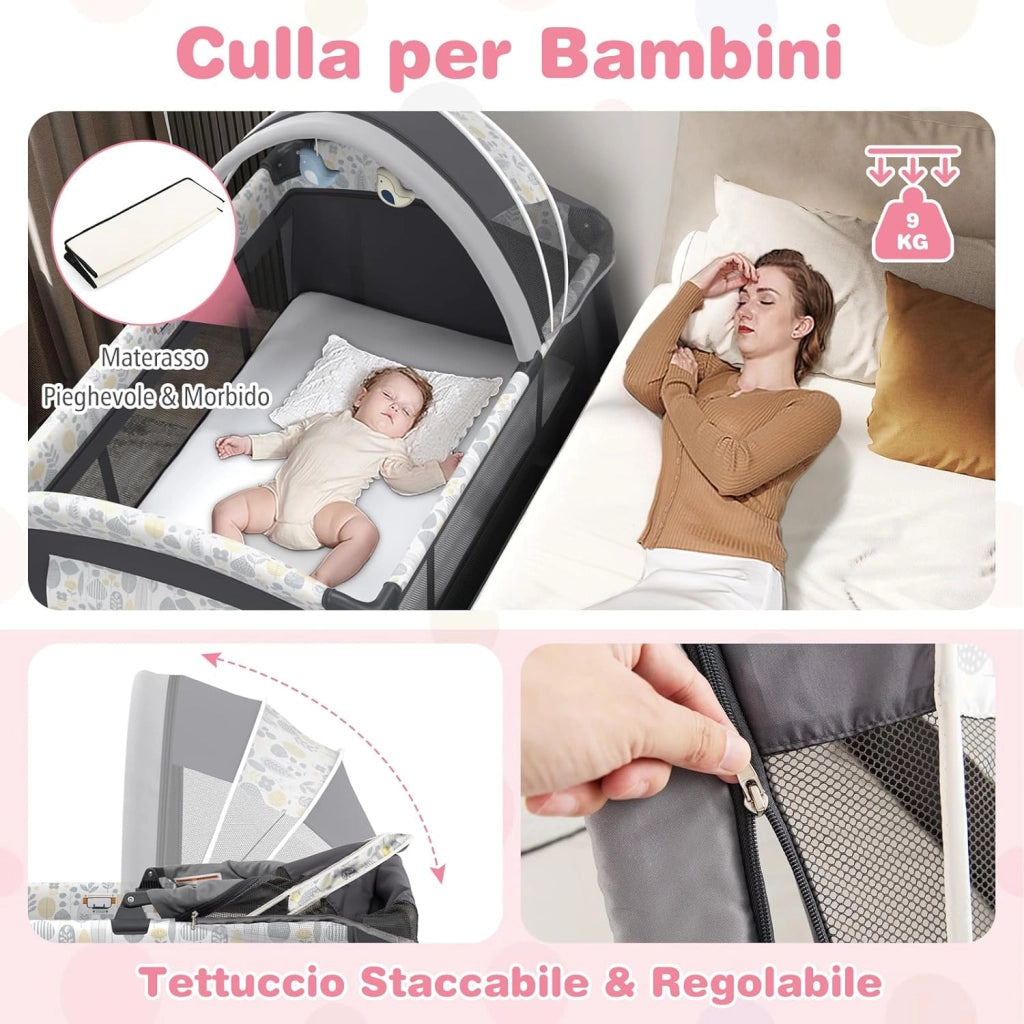 4 in 1 Lettino Neonato con Materasso, Culla da Campeggio con Fasciatoio Cappottina Regolabile, Ruote Bloccabili, Box Piechevole per Bambini 0-36 Mesi (Foglie)