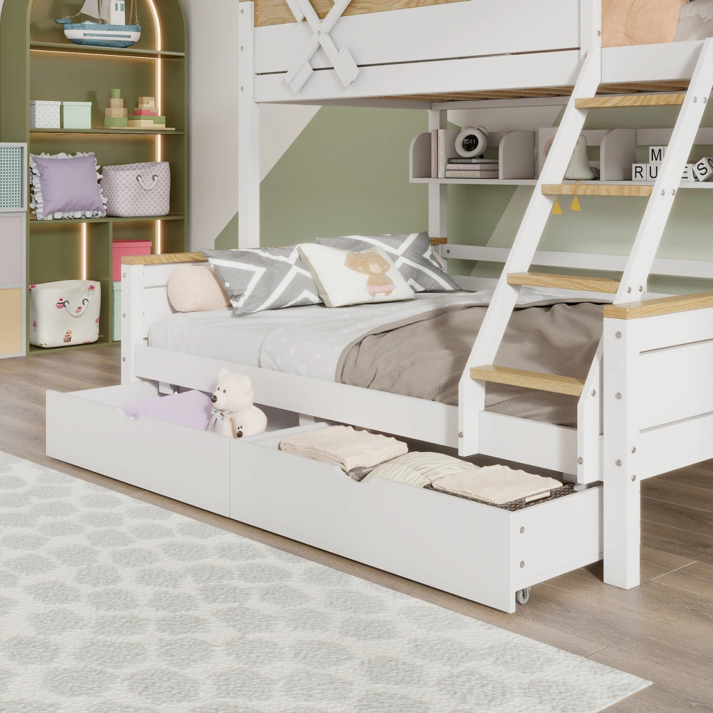 LETTO a castello con mulino a vento e scaffali 90x200+140x200 cm Bianco/Naturale
