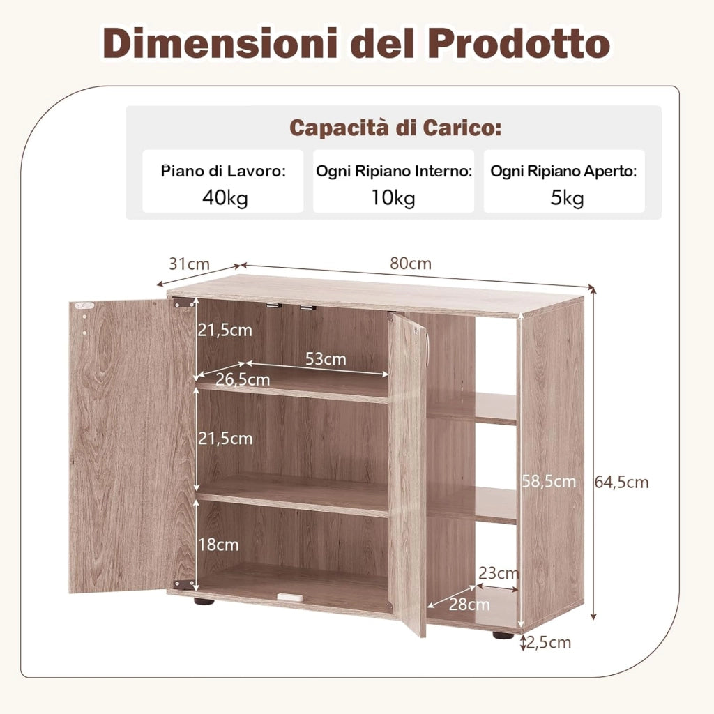 Mobiletto per Scarpe con Ante, Scaffale Porta Scarpe a 3 Ripiani con Mensole Regolabili, Organizzatore in Legno per Ingresso, Corridoio e Soggiorno, 80 x 31 x 64,5 cm (Naturale)