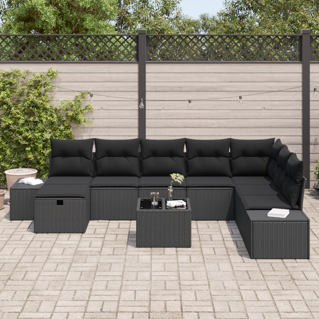 Set Divano da Giardino 9 Pezzi con Cuscini Nero Polyrattan