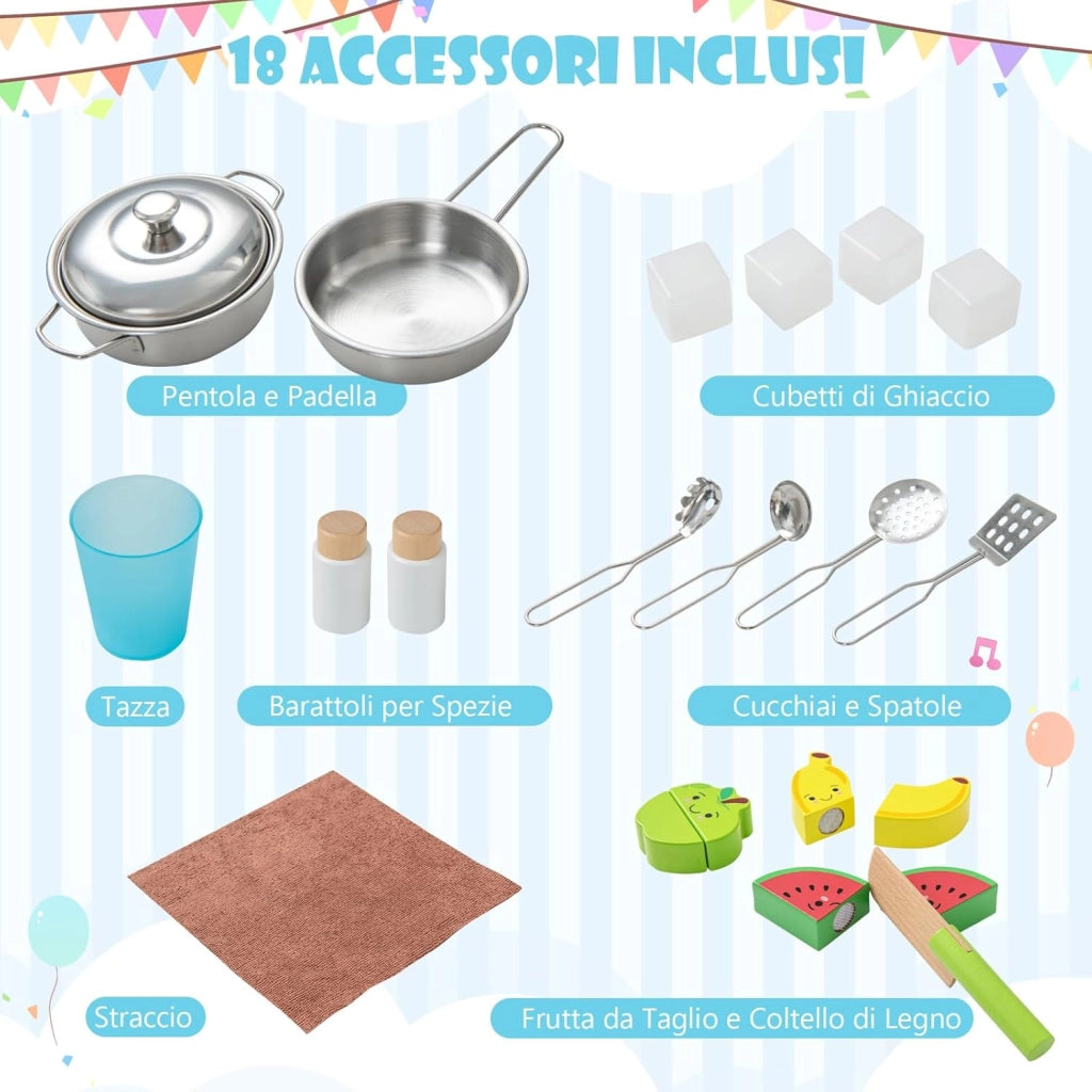Cucina Giocattolo per Bambini in Legno, Cucina per Bambini con Microonde, Cappa Aspirante, Forno, Macchina del Ghiaccio, Lavello e Rubinetto, Manopole con Suoni, per Bambini 3-6 Anni (Bianco)