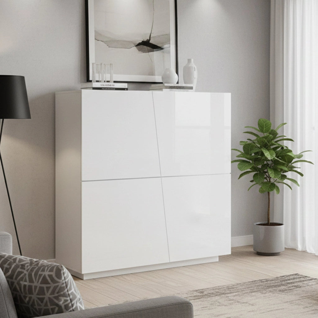 Credenza moderna di design a 4 ante Abbabbau, Made in Italy, Buffet da cucina, Madia con scaffali da cucina, cm 120x43h126, Bianco lucido