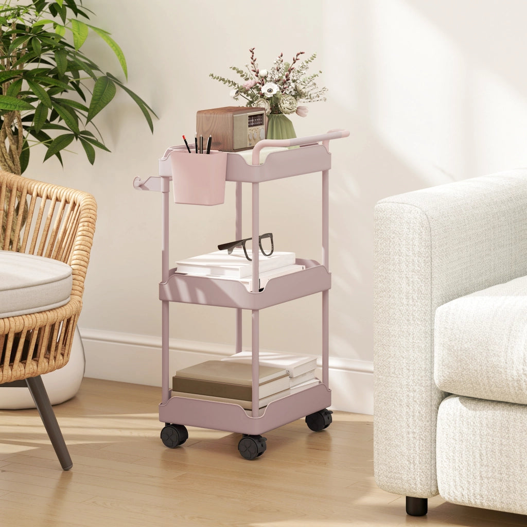 Carrello da Cucina 3 Ripiani con Ruote ¨C Xylo ¨C Rosa con Cestini Estraibili