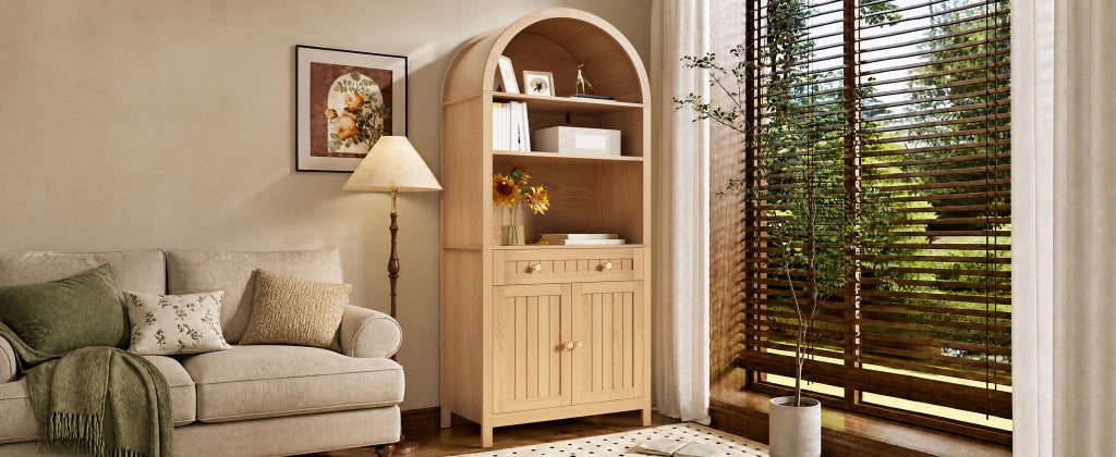 Credenza alta con 2 ante, cassetto e ripiani aperti, portaspezie interni, per cucina e soggiorno, in MDF, naturale