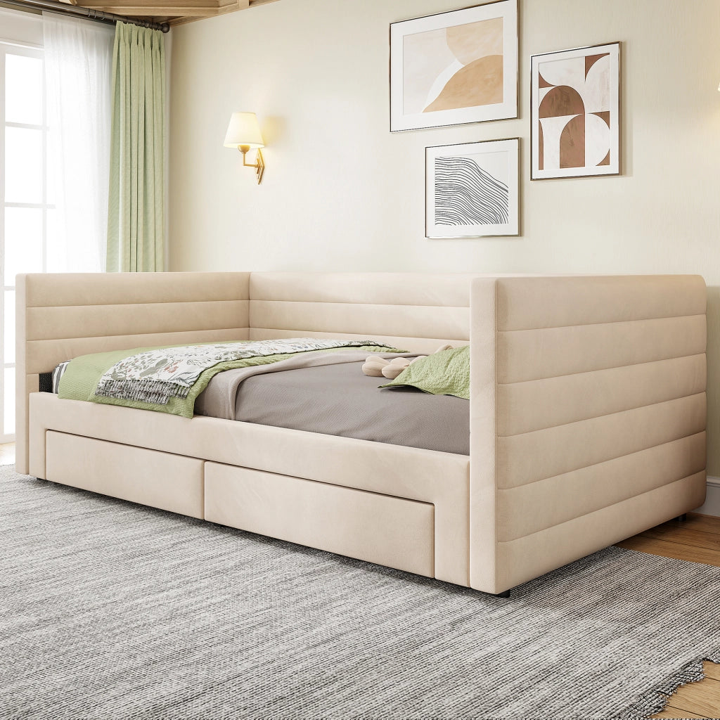 Divano letto estraibile con 2 cassetti e funzione letto in cotone e lino beige 90 × 190 cm