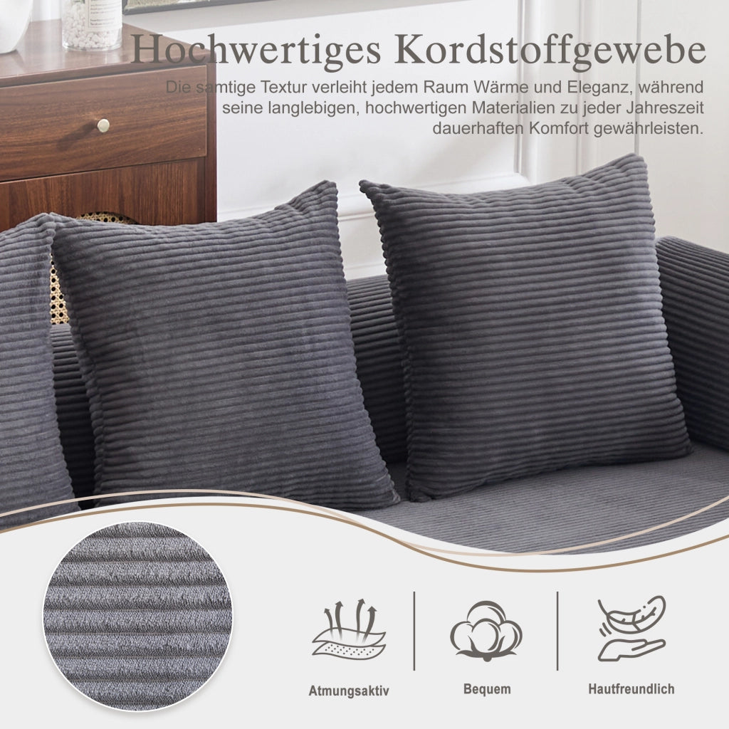 DIVANO MODULARE 200x190x67 cm in corduroy grigio scuro con pouf e 3 cuscini