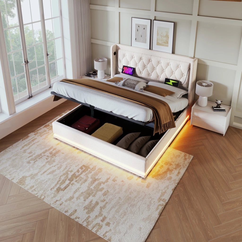 Letto matrimoniale 180x200 cm con contenitore; LED e USB-C; cotone beige