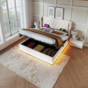 Letto matrimoniale 180x200 cm con contenitore; LED e USB-C; cotone beige