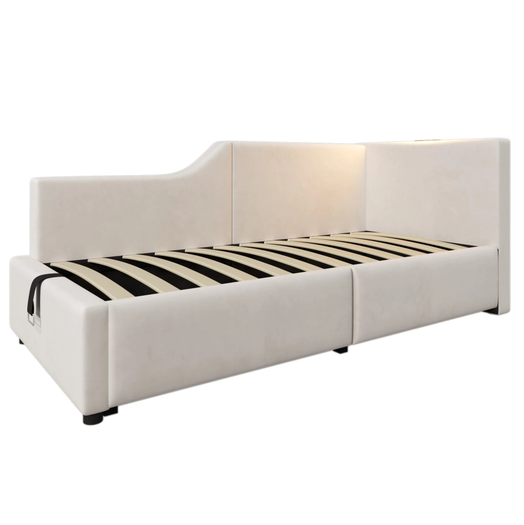 Letto a giorno 90x190 cm con contenitore; luce da lettura e USB C; velluto beige