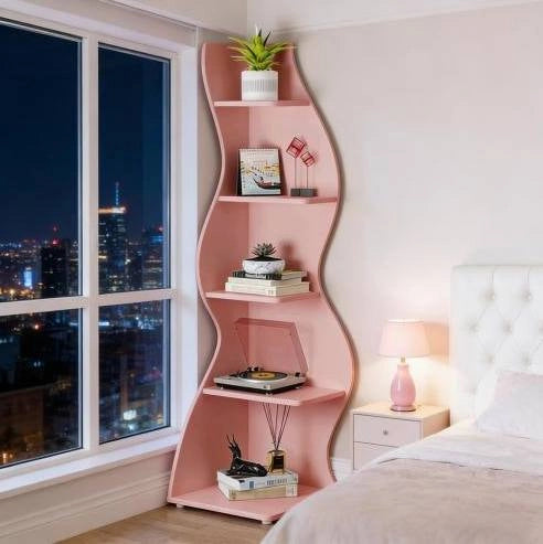 Scaffale angolare a 5 ripiani rosa in legno