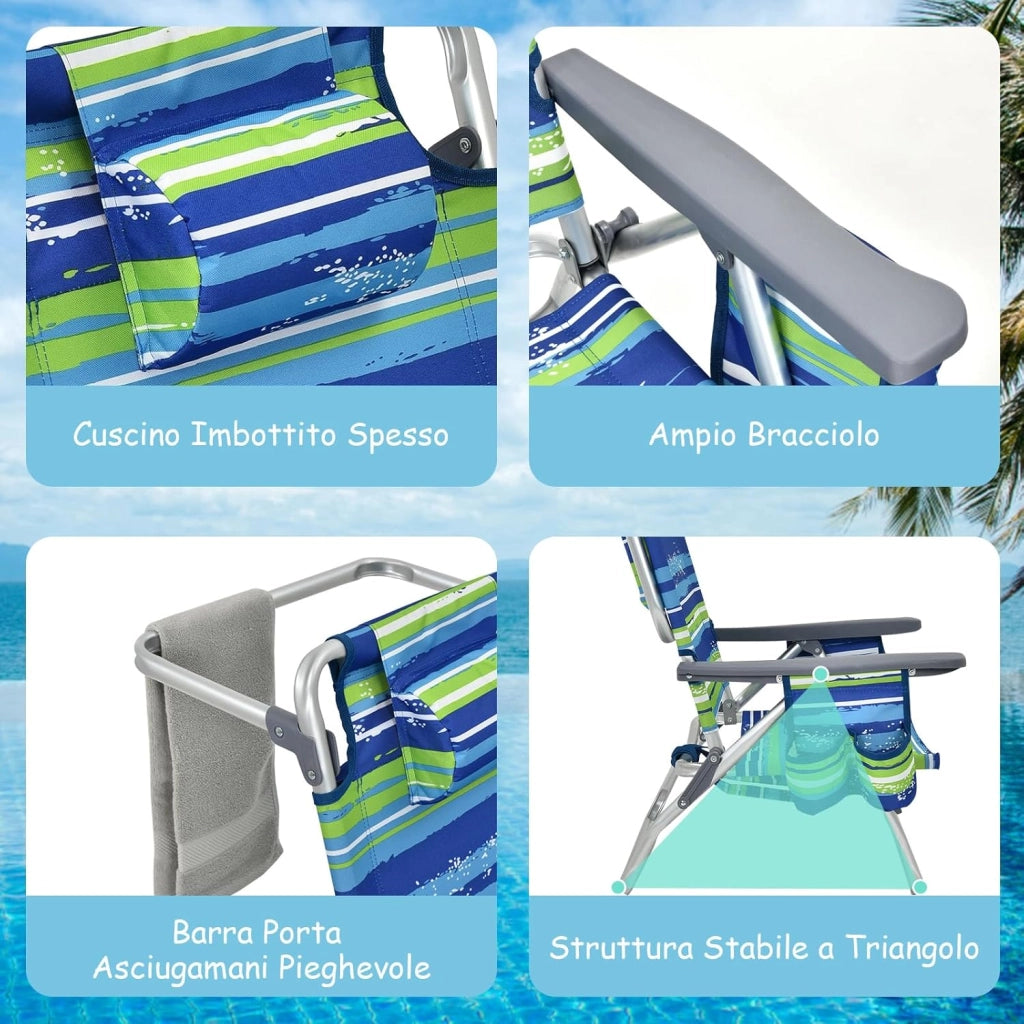 Set di Sedie da Spiaggia e Tavolino, Sedie da Esterno Reclinabili con Tavolino da Campeggio, Set di Tavolino in Alluminio e 2 Sedie Pieghevoli da Spiaggia a 5 Posizioni (Blu+Verde)