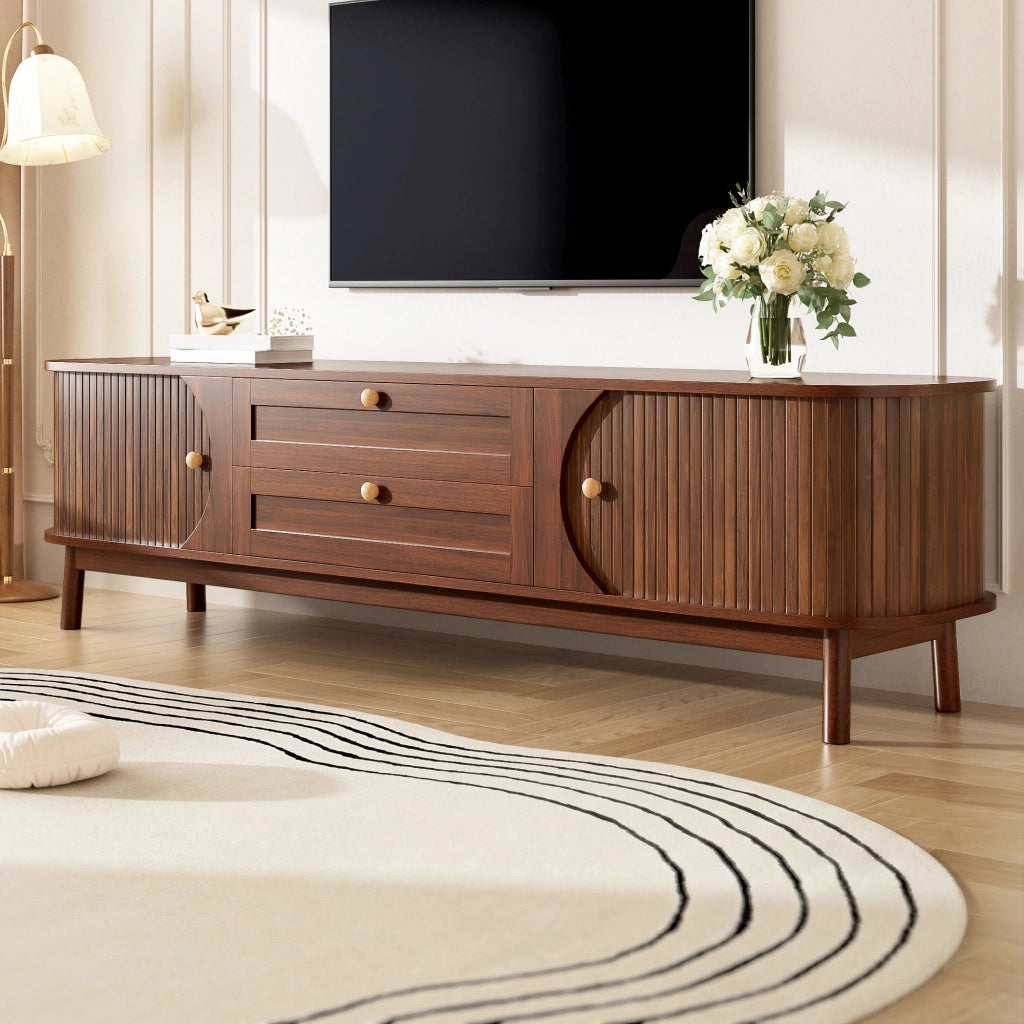 OKWISH Mobile TV con Ante Scorrevoli e Cassetti, Gambe in Legno, per Soggiorno, MDF, Noce, 170 x 39,5 x 46 cm
