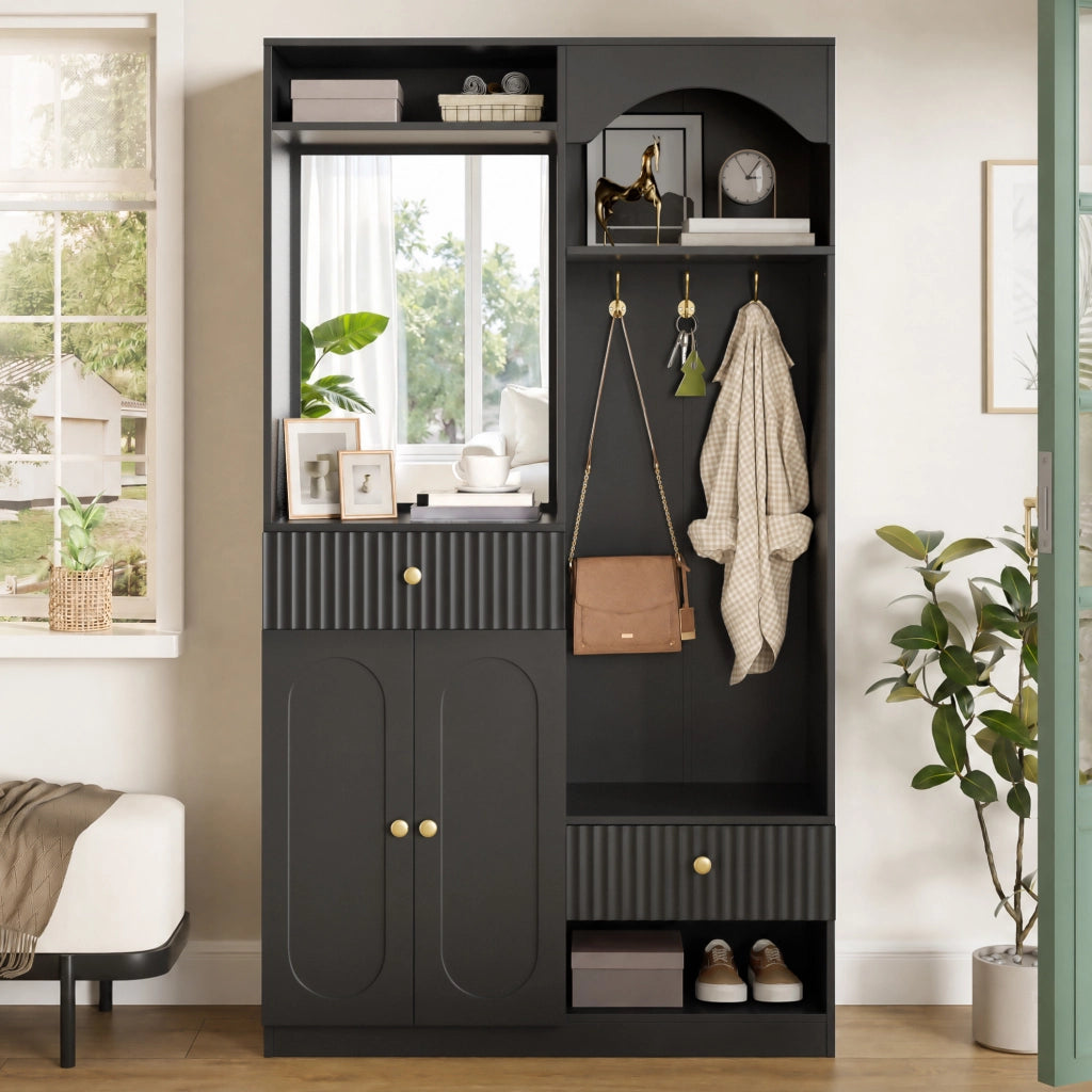 Garderoba da ingresso 100x35x180 cm con specchio; seduta e LED; MDF; nero