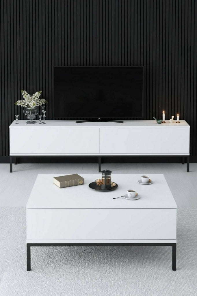 Tavolino da salotto Vespero, Tavolo basso da caffè, Portariviste per divano, Ripiano da soggiorno, 90x60h40 cm, Bianco e Nero
