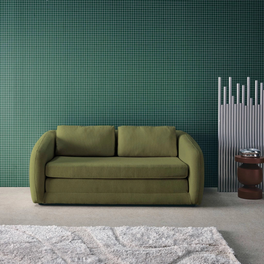 Divano letto in tessuto ciniglia, 2 posti, verde kaki